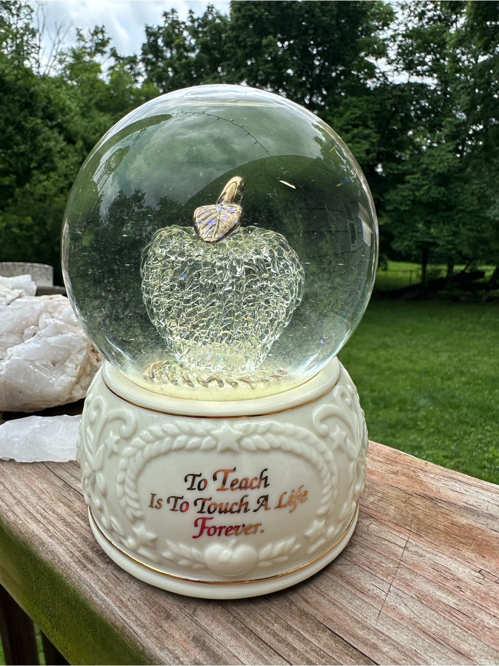 Teachers Glass Apple Musical Snow Globe Ivory Ceramic Base Gold Trim Vintage